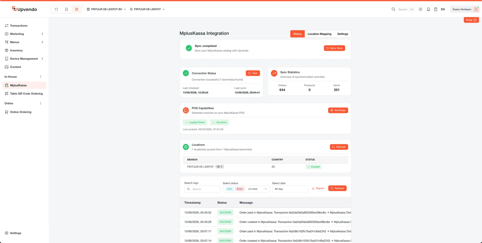 MplusKassa-Integration im Upvendo-Backoffice mit Sync-Status und Filialen