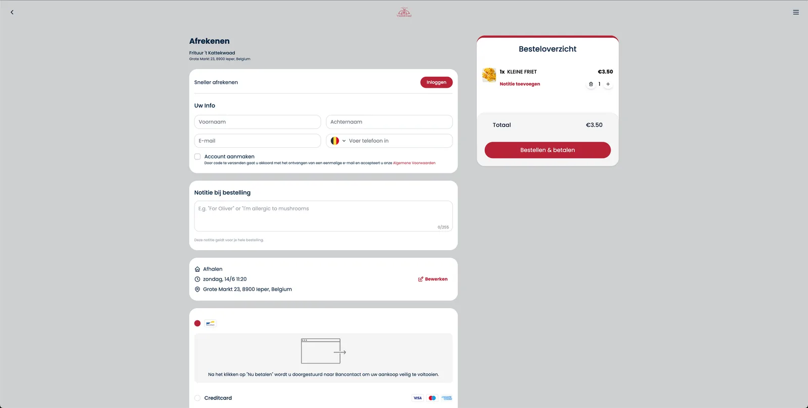 Checkout mit Bestellübersicht und Bancontact